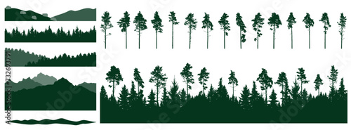 Set of forest element, pine trees, beautiful landscapes. Creation of beautiful woodland, constructor.  Vector illustration photo