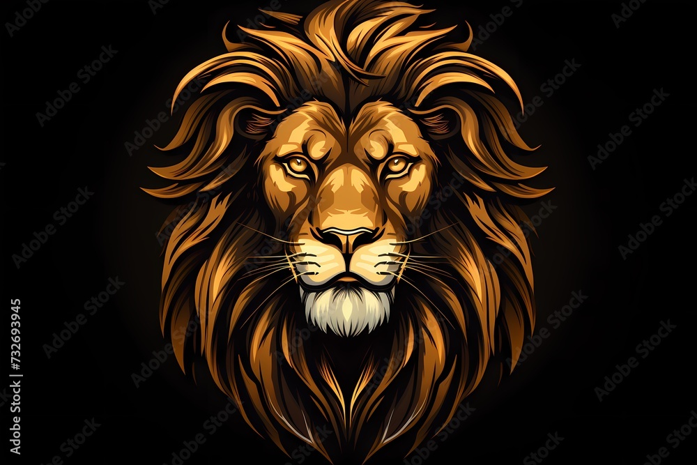 A majestic lion face logo illustration with intricate details and a fierce expression, isolated on a solid background for a powerful brand identity
