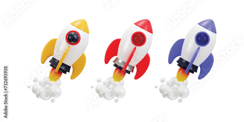 flying space rocket with spewing smoke spaceship launch 3d rendering icon vector illustration set