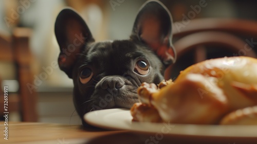 Funny photograph of a cute French bulldog near a roast chicken served on a plate on the dining table, the dog is planning a daring coup and assessing the risks, lovely eyes and look of the tempted pet photo