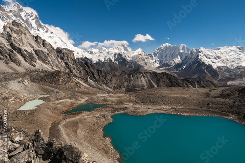 Alpine lakes, Mounts Lhotse, Makalu, Baruntse and Chukchung Glacier from Kongma La Pass during Everest Base Camp EBC or Three Passes trekking in Khumjung, Nepal. Highest mountains in the world.