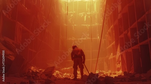 A construction worker exerting great effort while working under the blazing sun
 photo