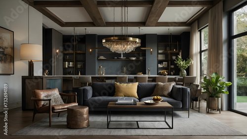 stylish and elegant modern living room interior with comfortable furniture, decorative plants, and cozy lamps creating a bright, fashionable, and inviting home decor space.