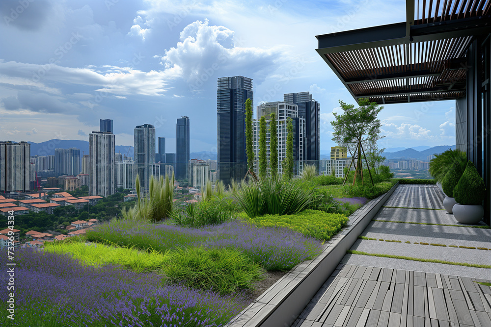 Rooftop Garden Overlooking Cityscape, Perfect for Real Estate and Lifestyle Features