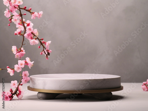 Round marble stone podium platform stand for product presentation and spring flowering Sakura branch with pink blossom flowers on neutral background. Front view 