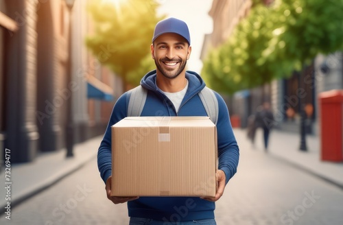 Smiling caucasian delivery man in blue cap holding a cardboard box on city street background