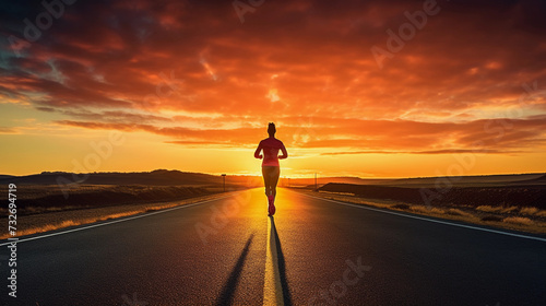 Silhouette of runner in sportswear on empty road at sunset. 