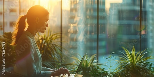 Indian Woman business executive working on laptop computer in a modern office at golden hour