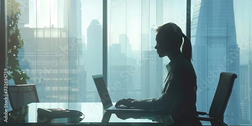 Silhouette of Woman business executive working on laptop computer in a modern office