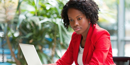 Black Woman business executive working on laptop computer in a modern office photo