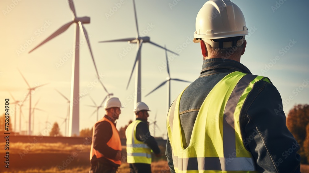 A team of professional engineers, maintenance technicians of wind energy systems, look at and check the operation of wind turbines against the background of a blue sky on a sunny day. A team of professional engineers, maintenance technicians of wind energy systems, look at and check the operation of wind turbines against the background of a blue sky on a sunny day.