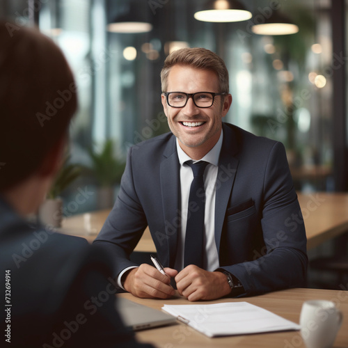 Smiling Manager Interviewing an Applicant In Office Job ID: aef4d07f-9427-4df3-be94-cbed4528dcf2