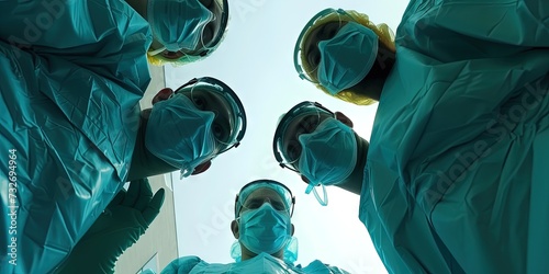 Group of surgeons wearing n95 masks and looking down on patient in blue lighting photo