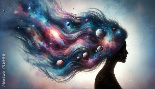A surreal portrait of a woman with her hair flowing into a cosmic galaxy, blending stars, planets, and nebulae in a vibrant celestial dreamscape.Digital art concept. AI generated.