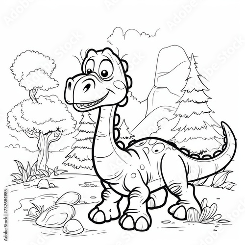 Dinosaur baby, against the background of the forest. A black and white drawing for a children's coloring book. © EvaMur