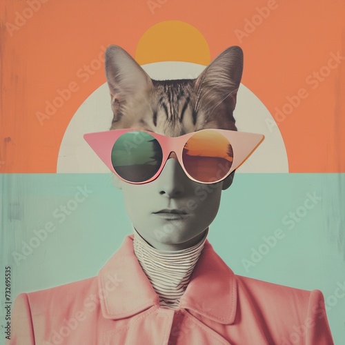 modern Collage Photography of man  Pictures of cat  retro pastel colour 