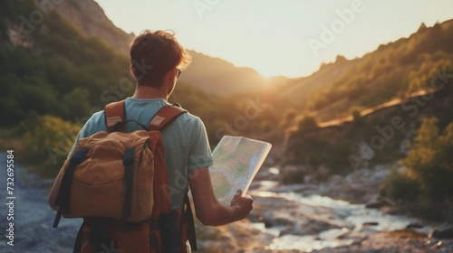 A man with map stands with her back and admires the view of the lake and mountains. A traveler traveling on vacation in the most beautiful place in the world. Summer vacation
