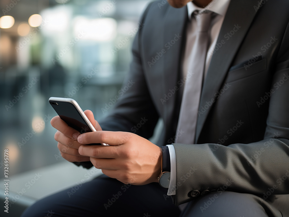 photo of businessman using smartphone, business casual, modern office, focus on hands and phone, zoomed in, commercial photography photo of businessman using smartphone, business casual, modern office, focus on hands and phone, zoomed in, commercial photography