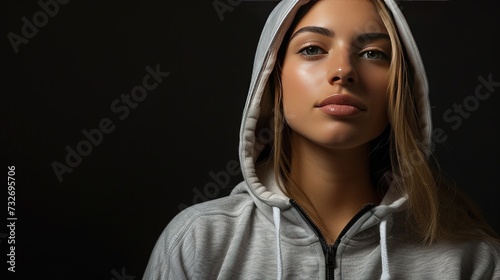 Fit young woman wearing stylish hoodie isolated on black background