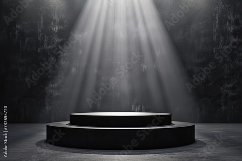 An black white empty podium scene for a product presentation with lights. photo