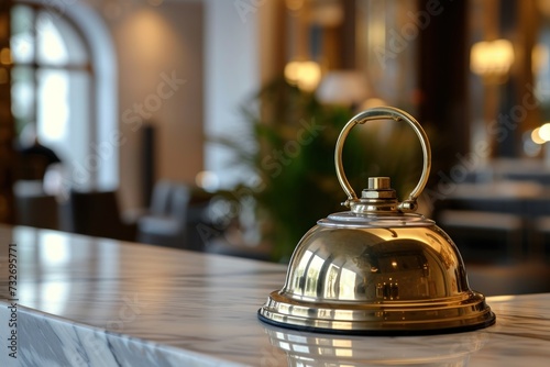 Service bell on a marble hotel reception desk with a blurred luxurious lobby background.