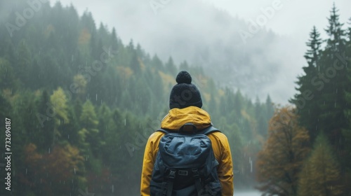 A young woman stands with her back and admires the view of snowy forest and mountains. A traveler traveling on vacation in the most beautiful place in the world. Winter vacation