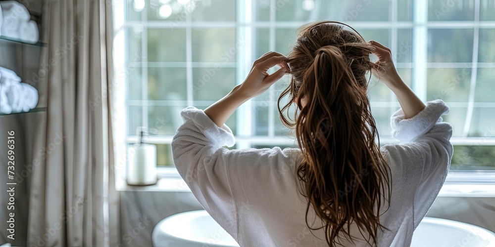 Naklejka premium Woman in bathroom fixing her hair after a shower. Preparing for the day clean and fresh