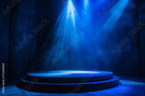 An empty podium scene for a product presentation with blue lights.