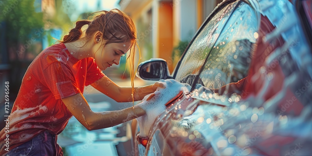 Young teenage girl washing car in the driveway of a house - obrazy, fototapety, plakaty 