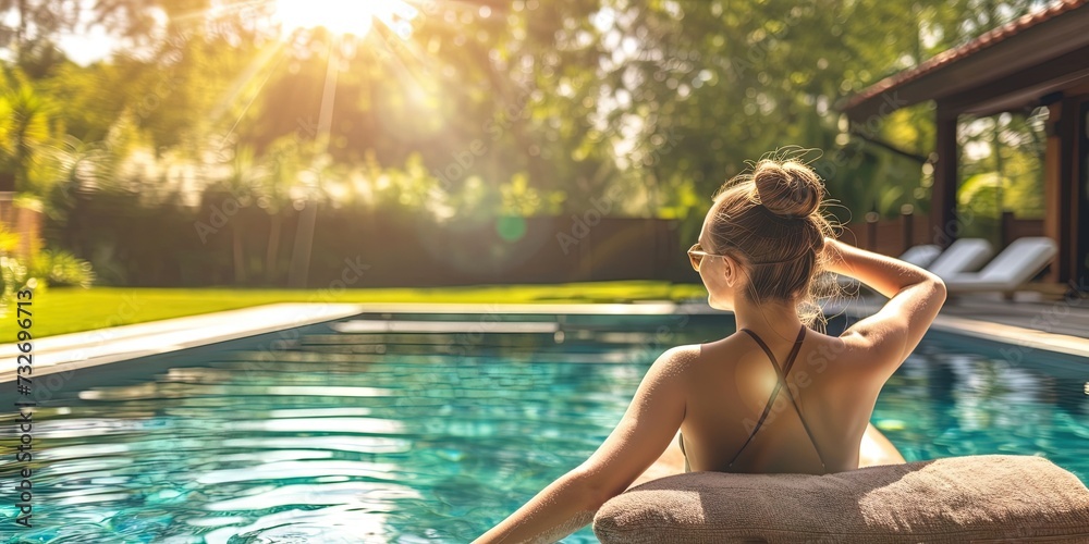 Woman sunbathing by the swimming pool in the backyard - obrazy, fototapety, plakaty 