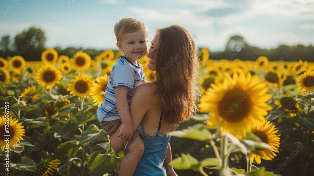 Woman standing in the sunflower field, holding her son on her back. Woman standing in the sunflower field, holding her son on her back.