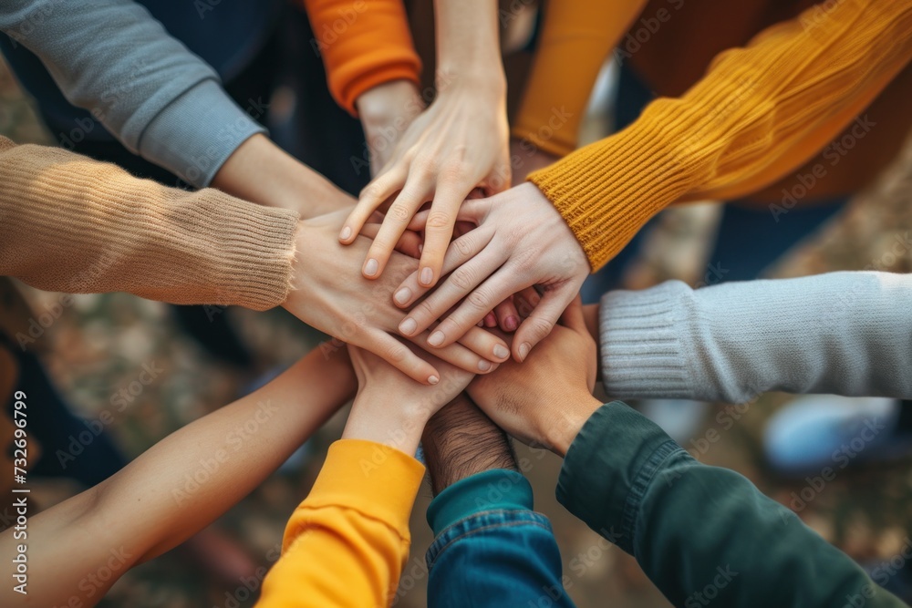 A close-up of a diverse group of people stacking their hands together in a show of unity and teamwork. concept of unity in diversity. A close-up of a diverse group of people stacking their hands together in a show of unity and teamwork. concept of unity in diversity.