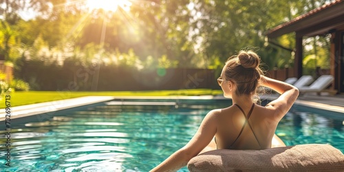 Woman sunbathing by the swimming pool in the backyard photo