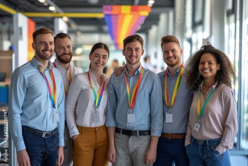 A diverse corporate team proudly wearing rainbow lanyards to support LGBTQ inclusivity in the workplace, showcasing a commitment to diversity and equality. photo