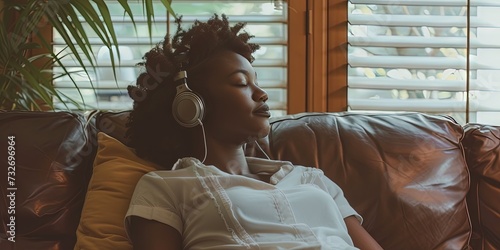 Woman laying on couch wearing headphones listening to podcast or music. lifestyle concept