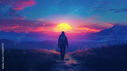 A traveler walking alone on a path at sunset, enjoying the freedom and beauty of being in the wild 