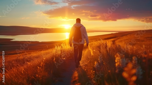 A traveler walking alone on a path at sunset, enjoying the freedom and beauty of being in the wild 