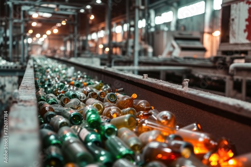 Conveyor belt in a glass recycling facility filled with assorted empty bottles, highlighting the industrial process of recycling.