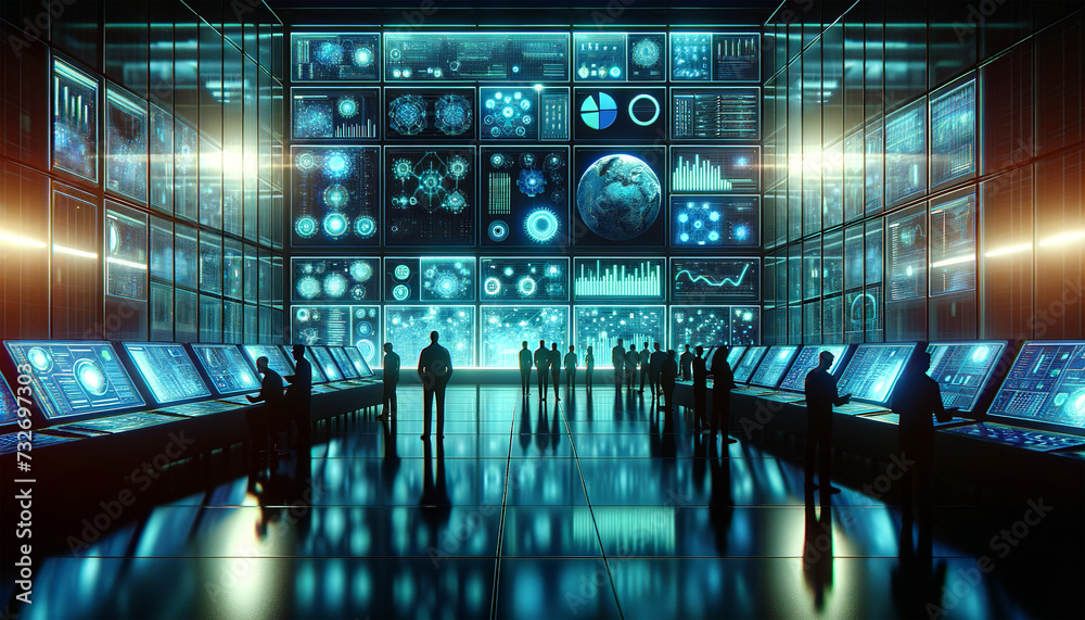 High-tech command center with operators at workstations, massive screens displaying global data, in a futuristic, illuminated control room with a view of Earth.AI generated.