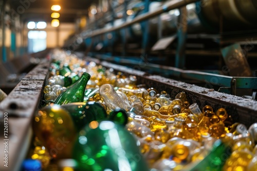 Conveyor belt in a glass recycling facility filled with assorted empty bottles, highlighting the industrial process of recycling.
