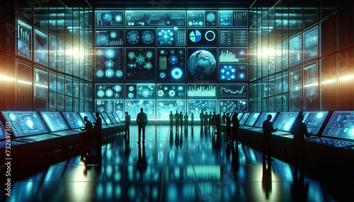 High-tech command center with operators at workstations, massive screens displaying global data, in a futuristic, illuminated control room with a view of Earth.AI generated. photo