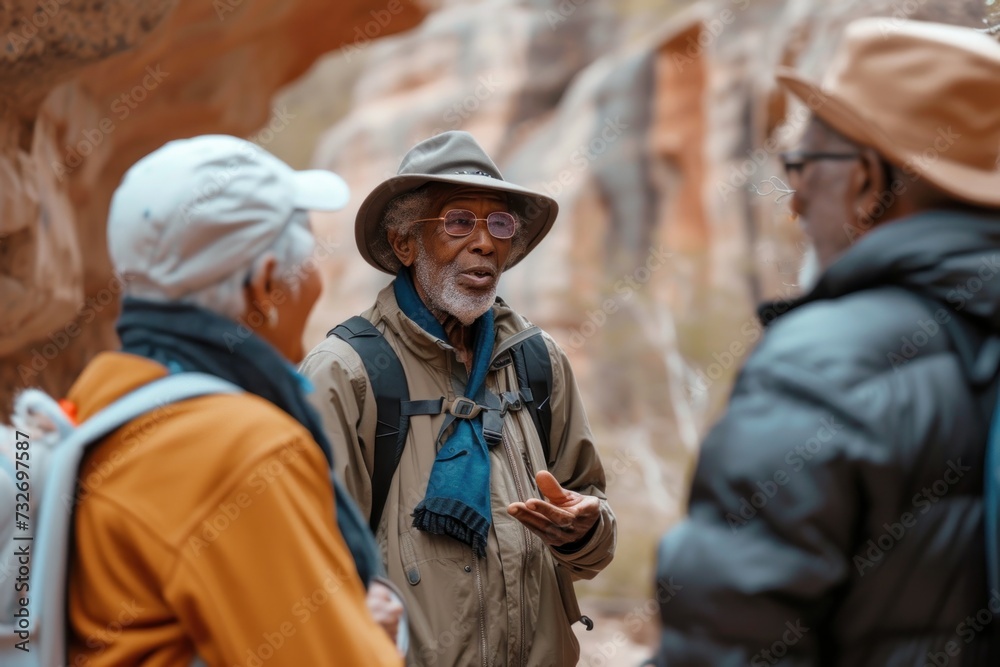 An elderly African American man engaging in a lively conversation with his peers during a hike, showcasing active senior lifestyle and social interaction.