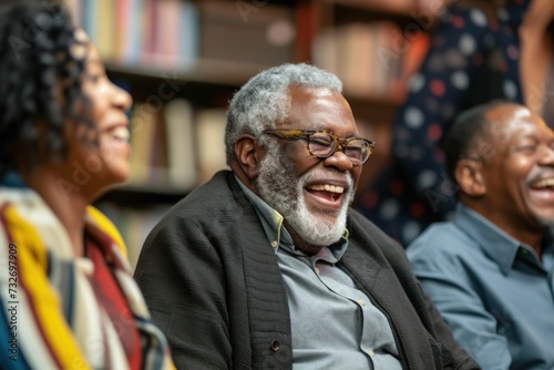 Senior African American friends share a joyful moment during a book club meeting in a cozy library setting.