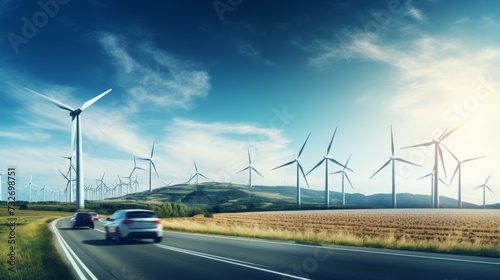 Wind turbines near the asphalt road with passing cars. A power plant on the background of a blue sky in nature.