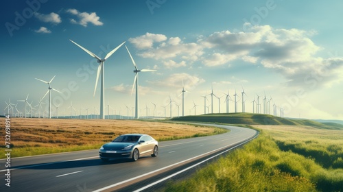 An electric car driving along the highway in summer against the background of wind turbines and a blue sky with white clouds. Power Plant, Ecology, Green Renewable Energy concepts.