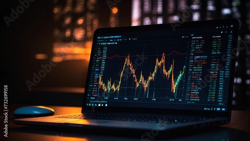  laptop with illuminated data analytics on screen . Technology backdrop