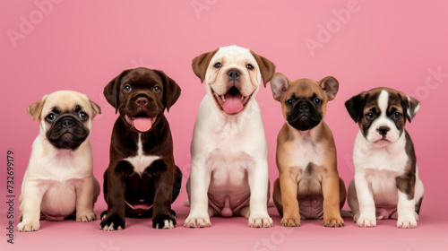 lineup of five adorable puppies with a plain background, each displaying a unique expression.