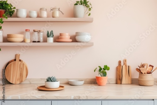 Minimalist kitchen in soft pastel hues with floating shelves displaying ceramics and plants, embodying a modern and clean aesthetic. © evgenia_lo