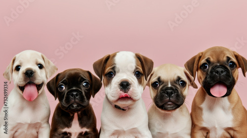 lineup of five adorable puppies with a plain background, each displaying a unique expression.