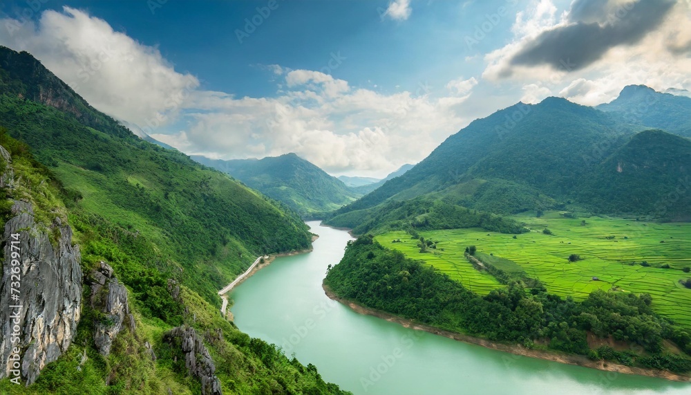mountain landscape with river green environment background